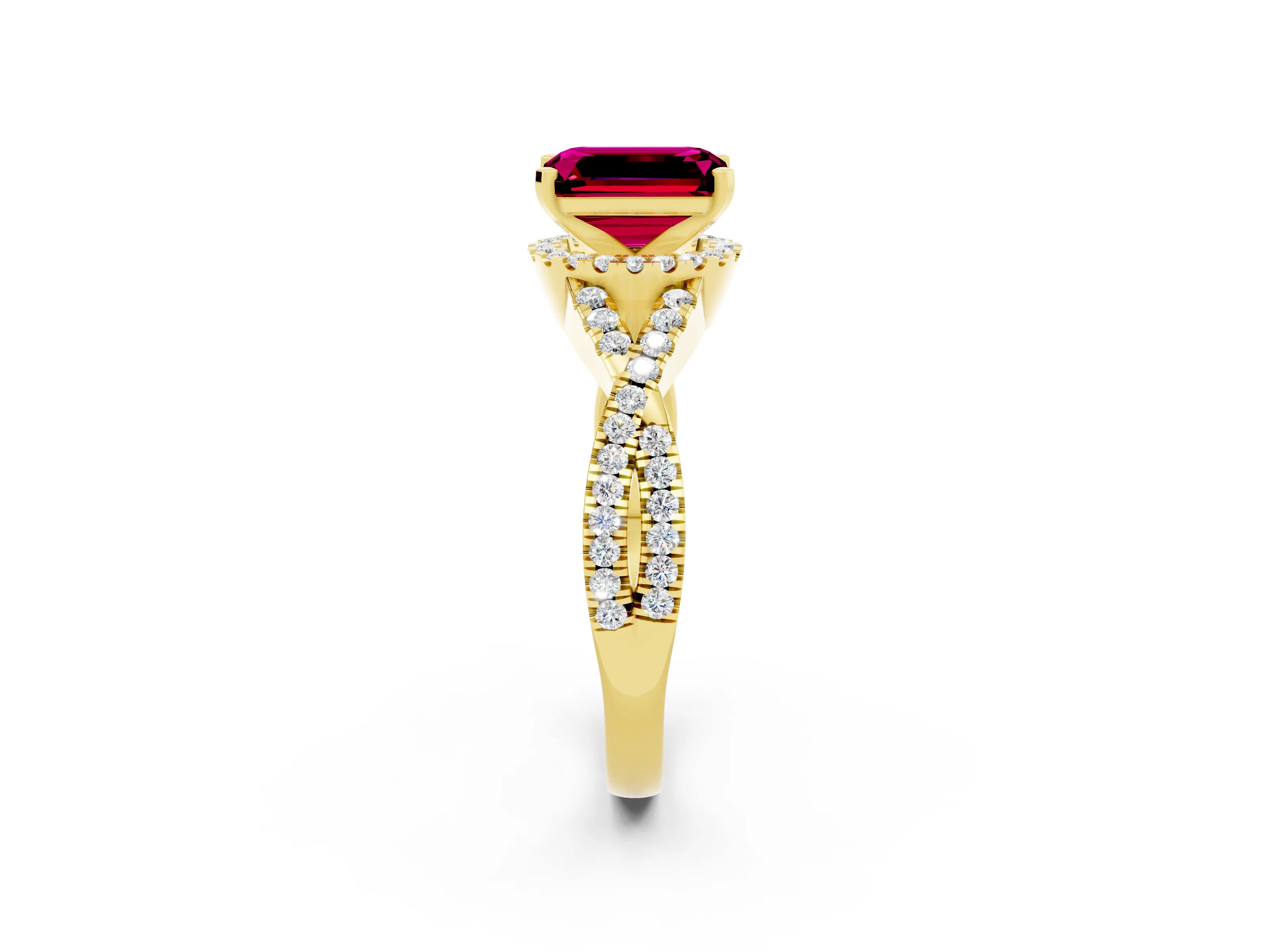 Yellow gold Emerald Cut Garnet Halo Twist Band Solitaire Prong Setting Ring_2