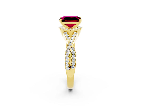 Yellow gold Emerald Cut Garnet  Halo Twist Band Solitaire Prong Setting Ring