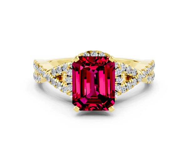 Yellow gold Emerald Cut Garnet  Halo Twist Band Solitaire Prong Setting Ring