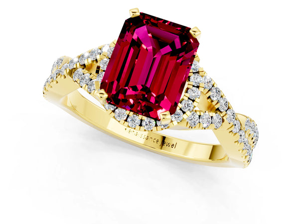 Yellow gold Emerald Cut Garnet  Halo Twist Band Solitaire Prong Setting Ring