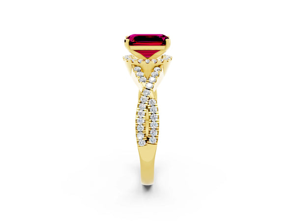 Yellow gold Emerald Cut Garnet  Halo Twist Band Solitaire Prong Setting Ring