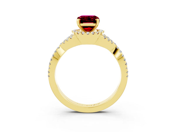 Yellow gold Emerald Cut Garnet  Halo Twist Band Solitaire Prong Setting Ring