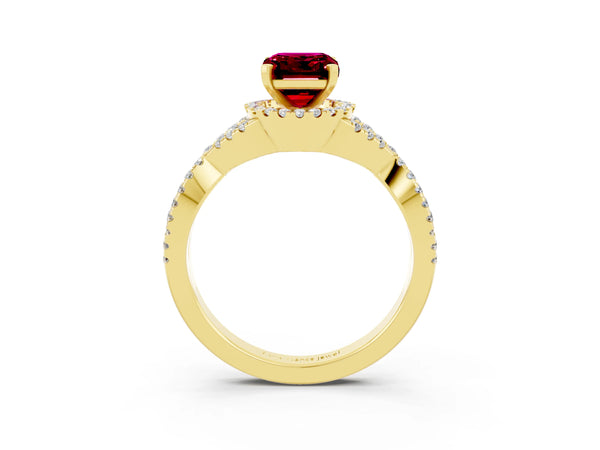 Yellow gold Emerald Cut Garnet  Halo Twist Band Solitaire Prong Setting Ring