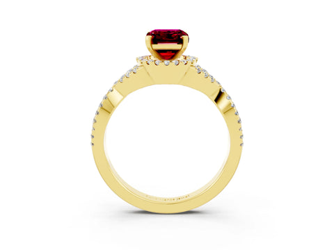 Yellow gold Emerald Cut Garnet Halo Twist Band Solitaire Prong Setting Ring_3