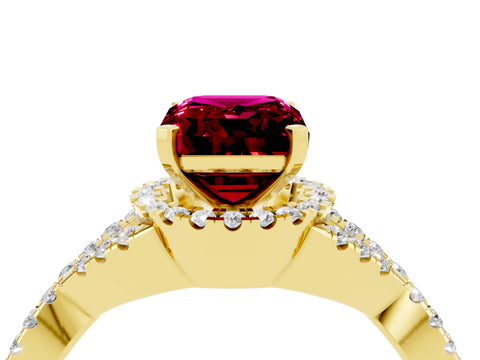 Yellow gold Emerald Cut Garnet Halo Twist Band Solitaire Prong Setting Ring_4