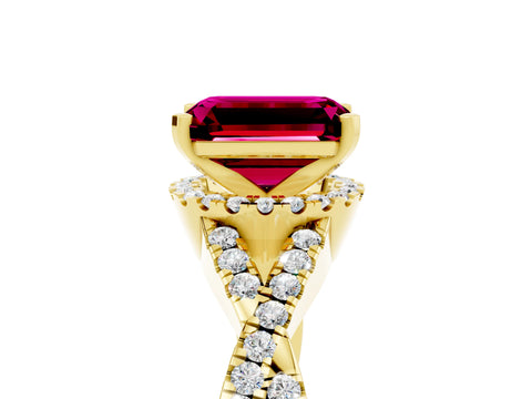 Yellow gold Emerald Cut Garnet Halo Twist Band Solitaire Prong Setting Ring_5