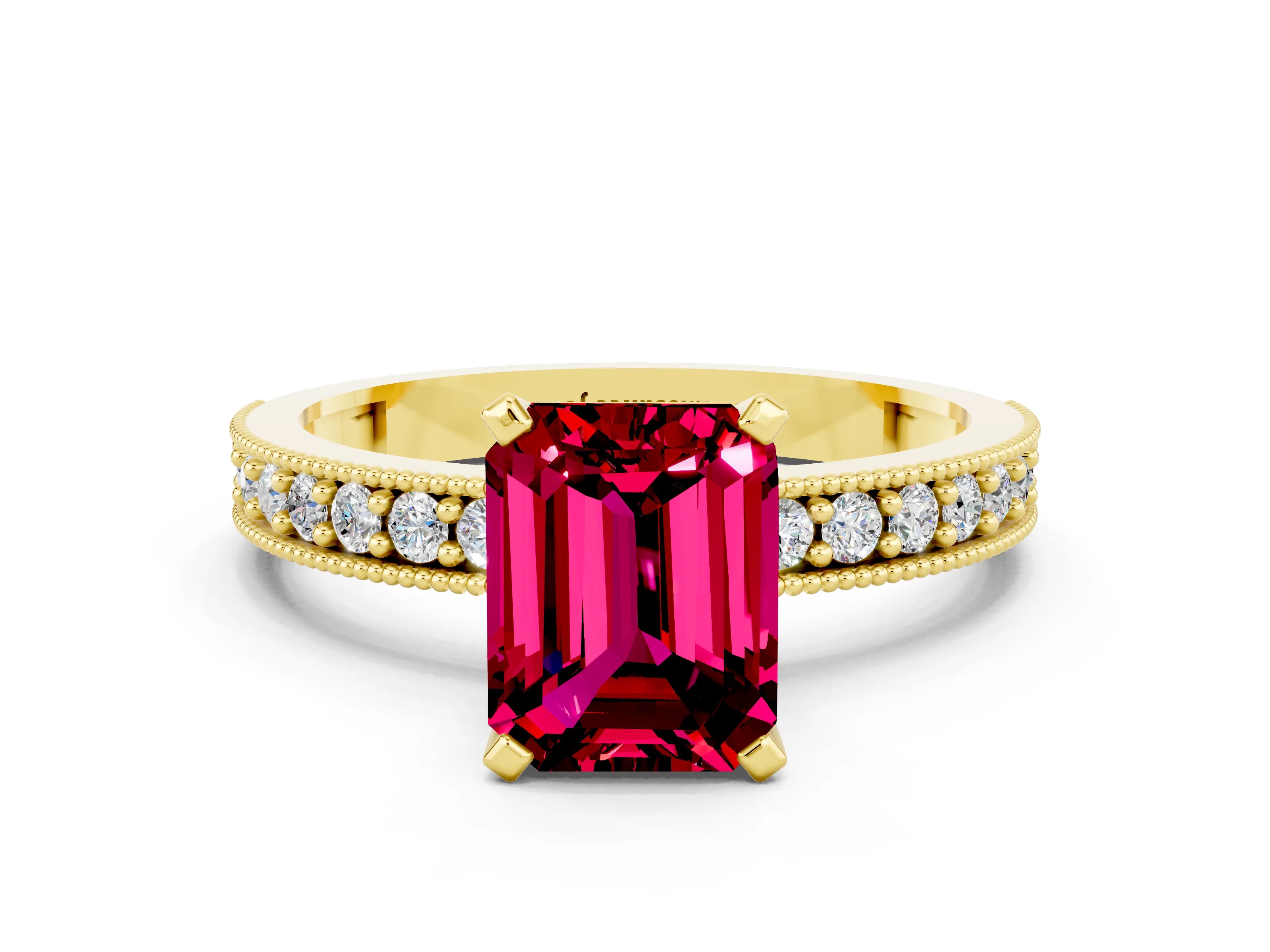 Yellow gold Emerald Cut Garnet Milgrain Pavé Engagement Ring with Four-Prong Setting_12