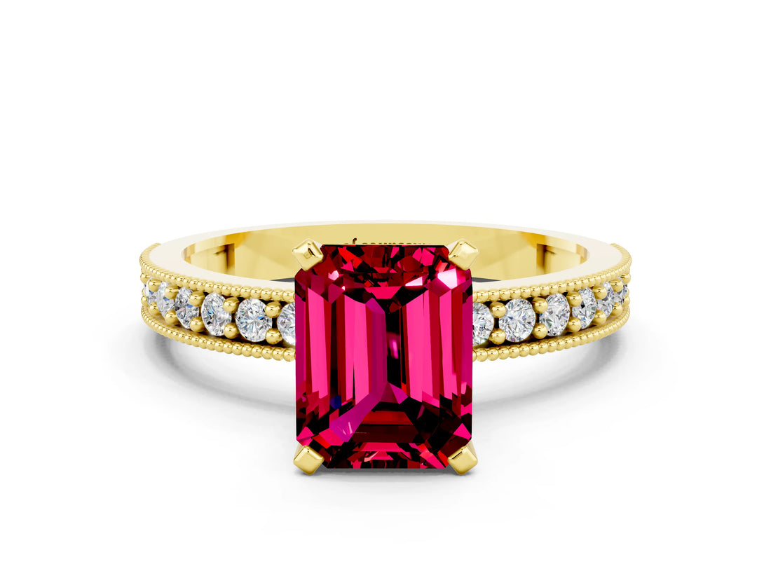 Yellow gold Emerald Cut Garnet Milgrain Pavé Engagement Ring with Four-Prong Setting_12