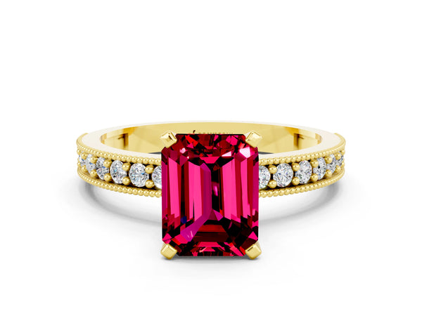 Yellow gold Emerald Cut Garnet Milgrain Pavé Engagement Ring with Four-Prong Setting