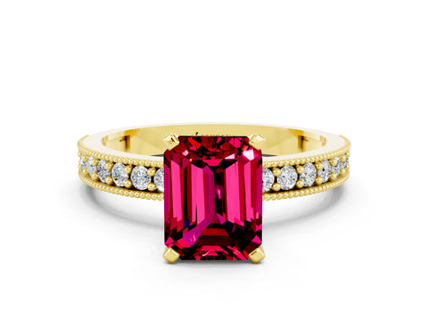 Yellow gold Emerald Cut Garnet Milgrain Pavé Engagement Ring with Four-Prong Setting_12