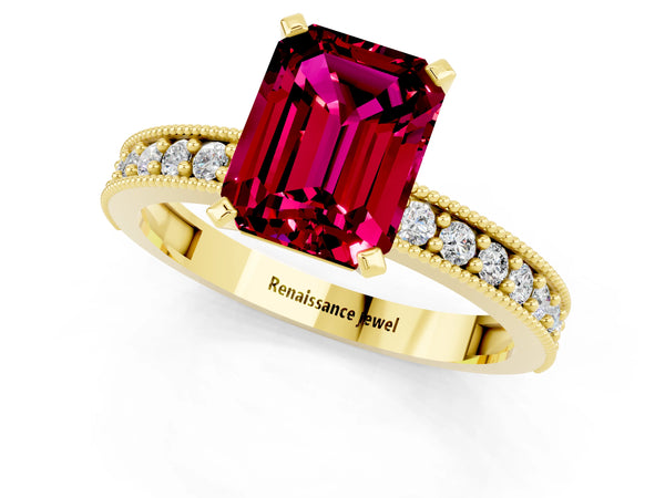Yellow gold Emerald Cut Garnet Milgrain Pavé Engagement Ring with Four-Prong Setting