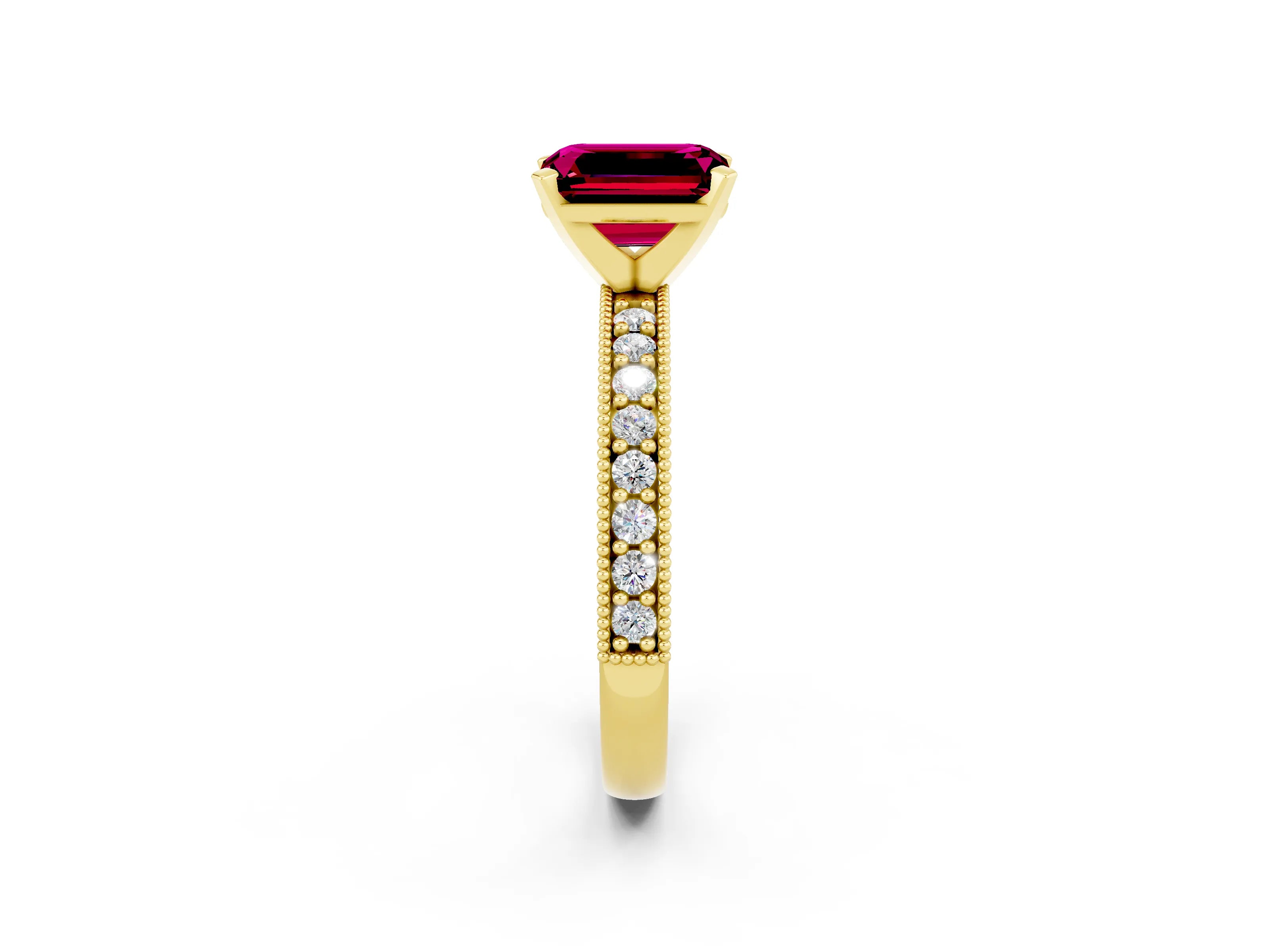 Yellow gold Emerald Cut Garnet Milgrain Pavé Engagement Ring with Four-Prong Setting_14