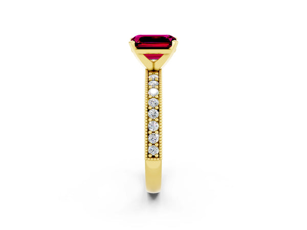 Yellow gold Emerald Cut Garnet Milgrain Pavé Engagement Ring with Four-Prong Setting