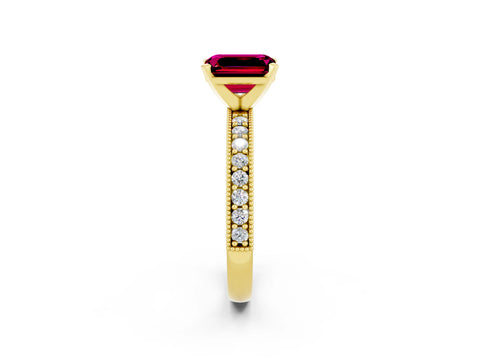 Yellow gold Emerald Cut Garnet Milgrain Pavé Engagement Ring with Four-Prong Setting_14