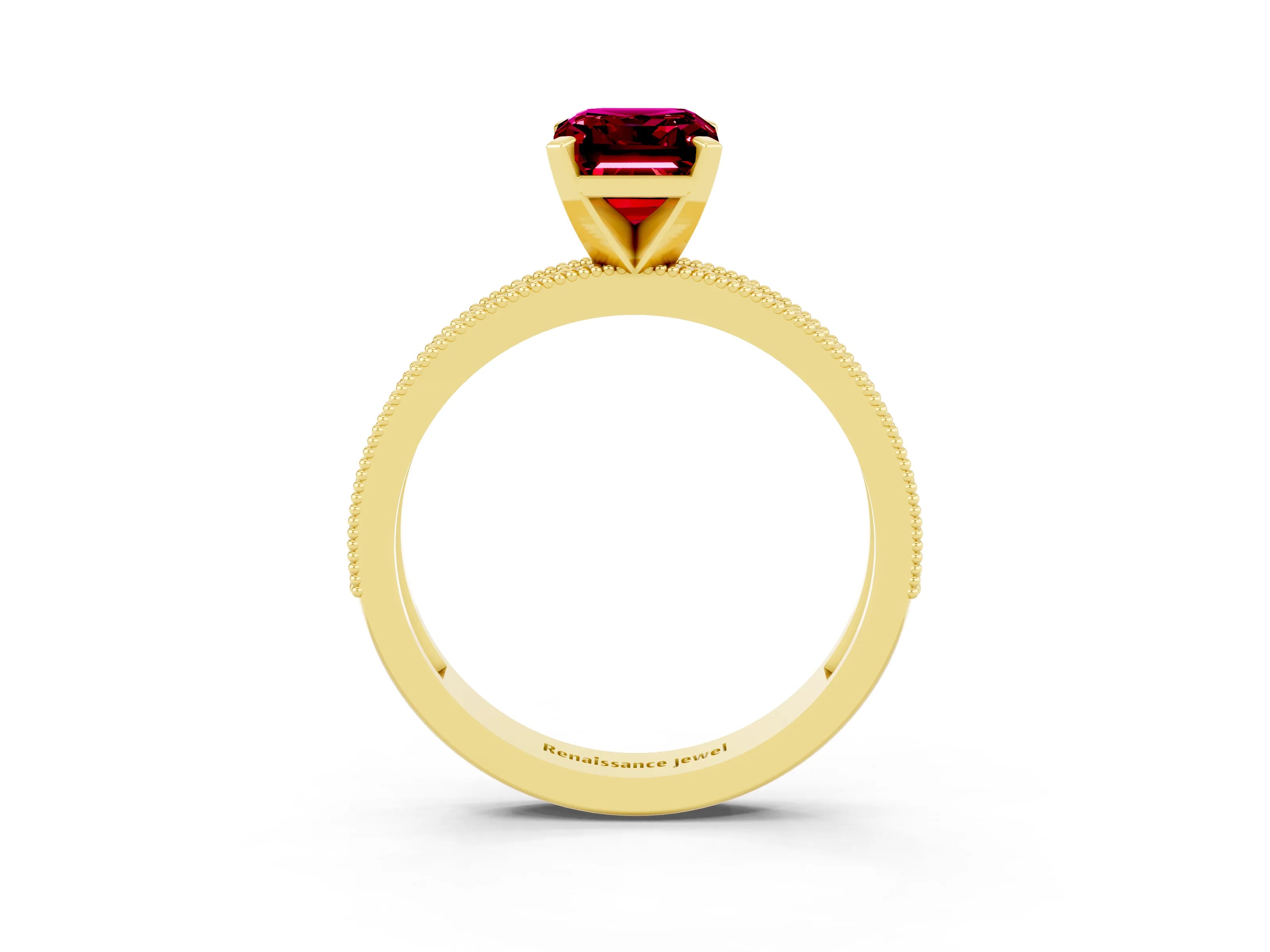 Yellow gold Emerald Cut Garnet Milgrain Pavé Engagement Ring with Four-Prong Setting_15