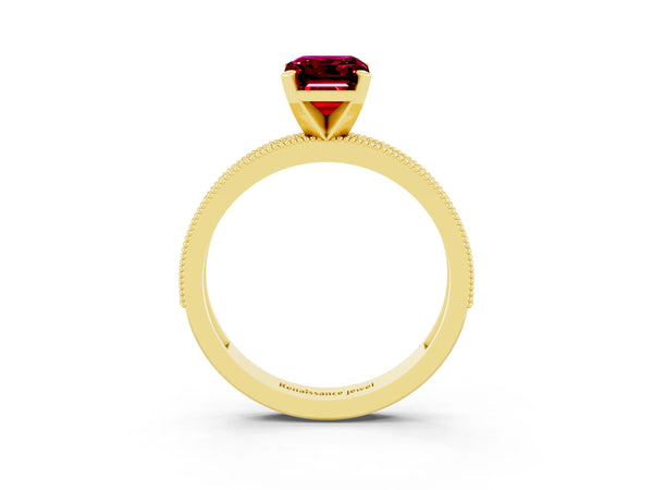 Yellow gold Emerald Cut Garnet Milgrain Pavé Engagement Ring with Four-Prong Setting
