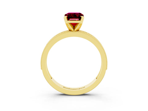 Yellow gold Emerald Cut Garnet Milgrain Pavé Engagement Ring with Four-Prong Setting_15