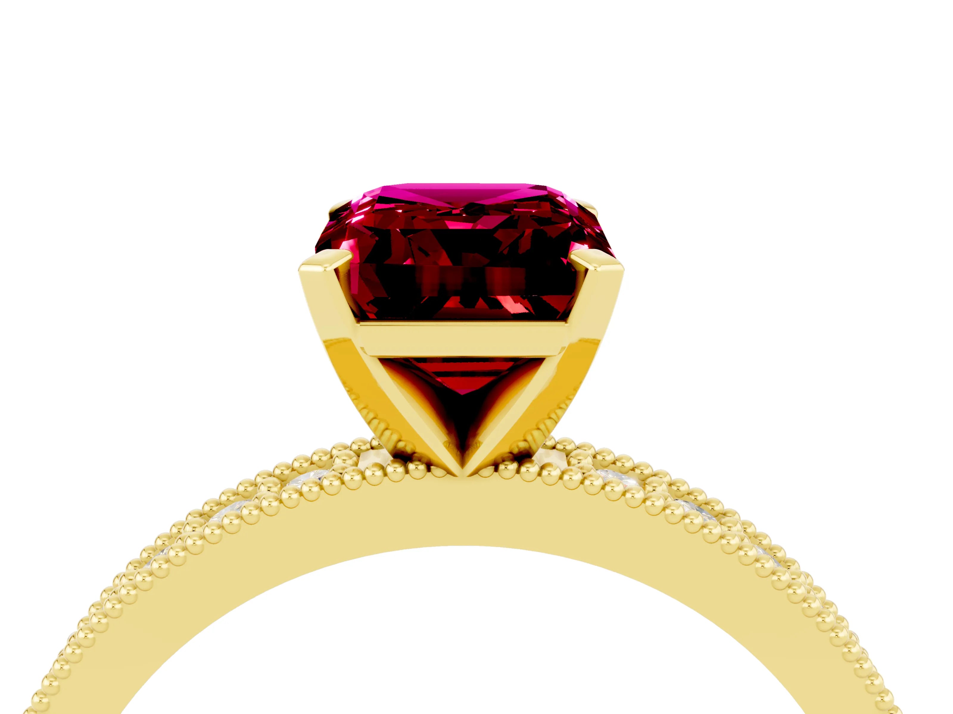 Yellow gold Emerald Cut Garnet Milgrain Pavé Engagement Ring with Four-Prong Setting_16