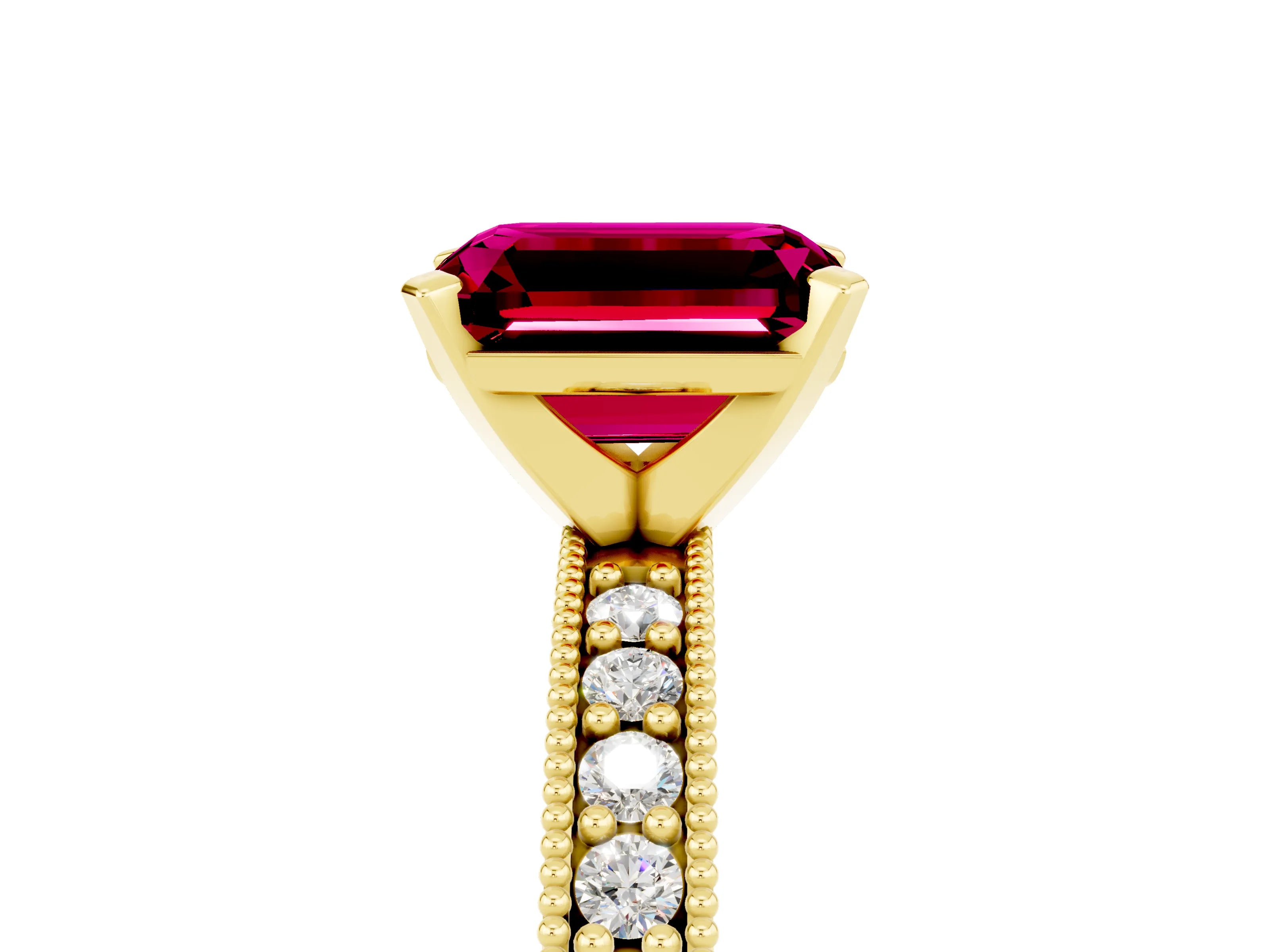 Yellow gold Emerald Cut Garnet Milgrain Pavé Engagement Ring with Four-Prong Setting_17