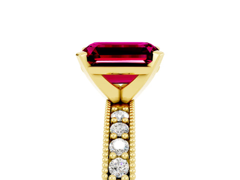 Yellow gold Emerald Cut Garnet Milgrain Pavé Engagement Ring with Four-Prong Setting_17