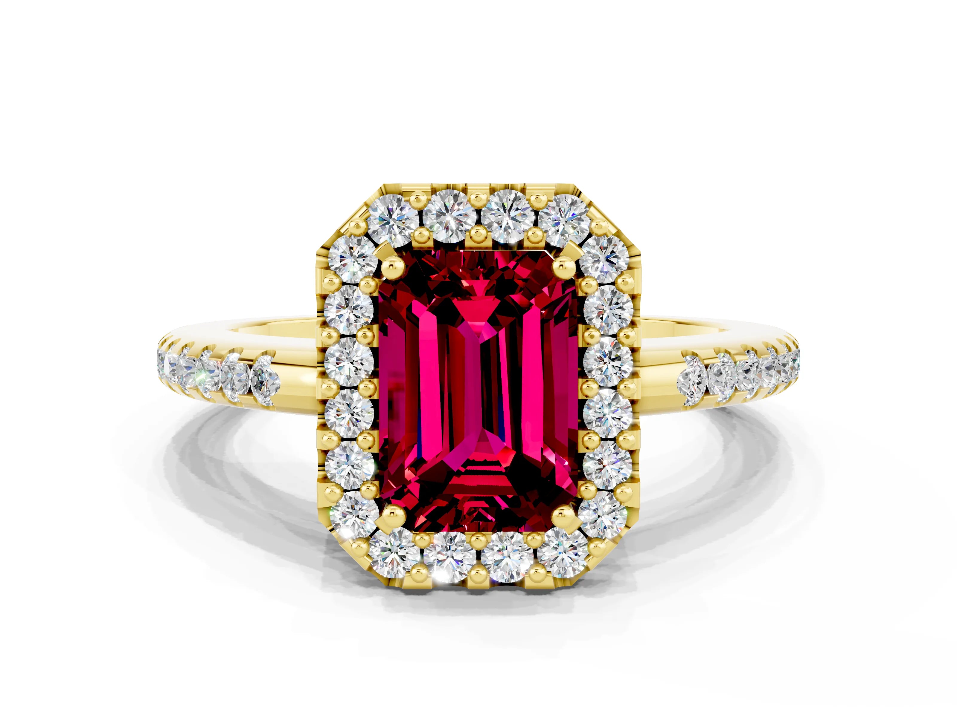 Yellow gold Emerald Cut Garnet Pavé Halo Ring with Four-Prong Setting_12