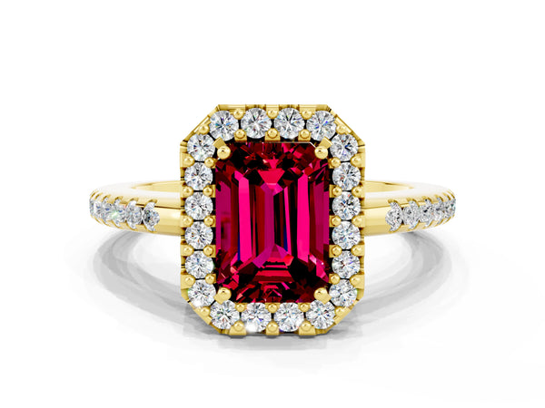 Yellow gold Emerald Cut Garnet Pavé Halo Ring with Four-Prong Setting