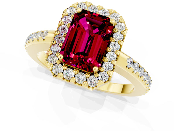 Yellow gold Emerald Cut Garnet Pavé Halo Ring with Four-Prong Setting
