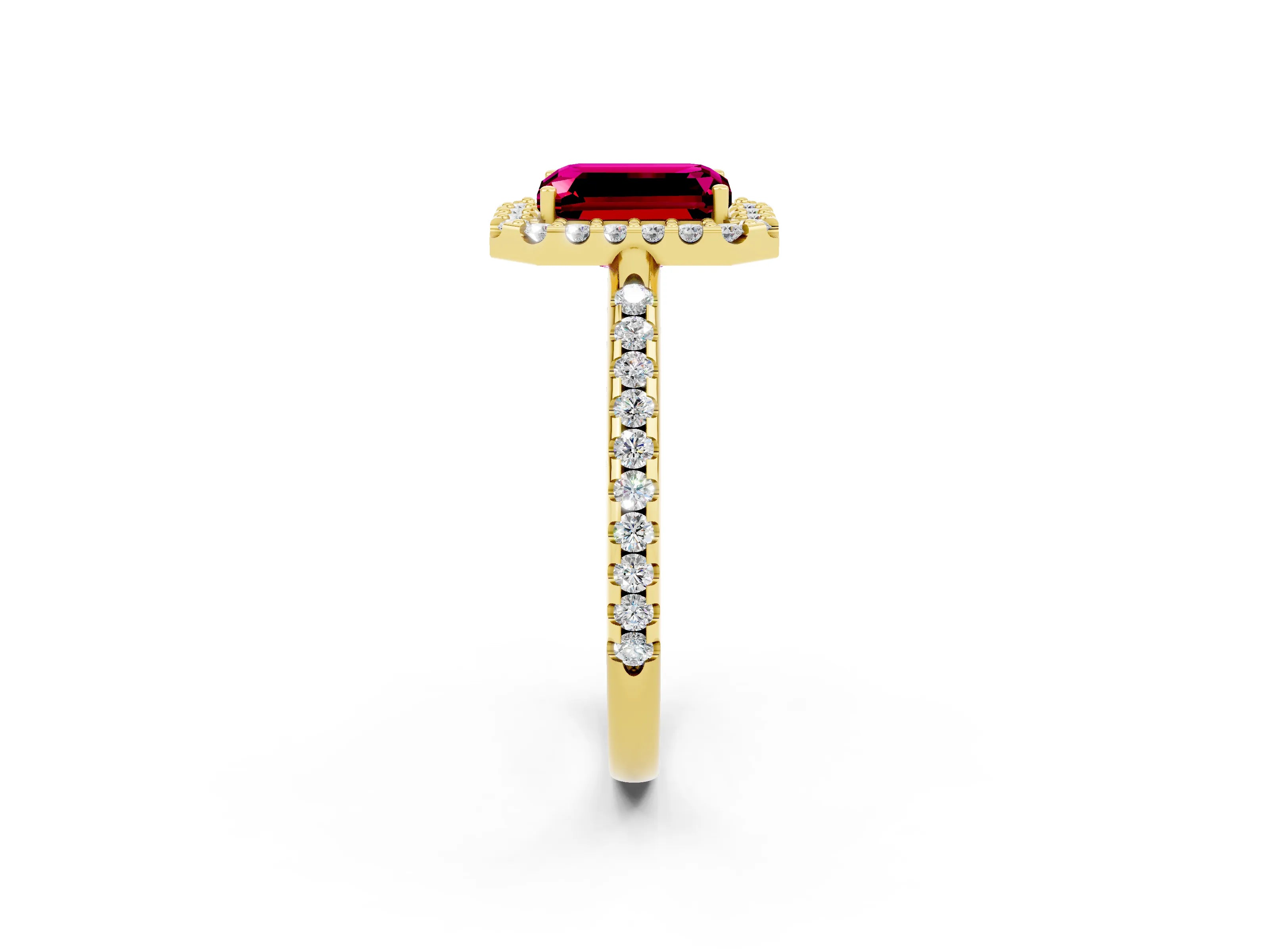 Yellow gold Emerald Cut Garnet Pavé Halo Ring with Four-Prong Setting_14