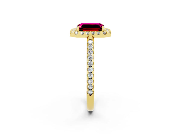 Yellow gold Emerald Cut Garnet Pavé Halo Ring with Four-Prong Setting