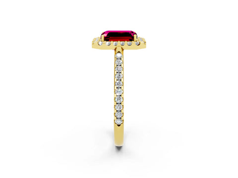 Yellow gold Emerald Cut Garnet Pavé Halo Ring with Four-Prong Setting_14