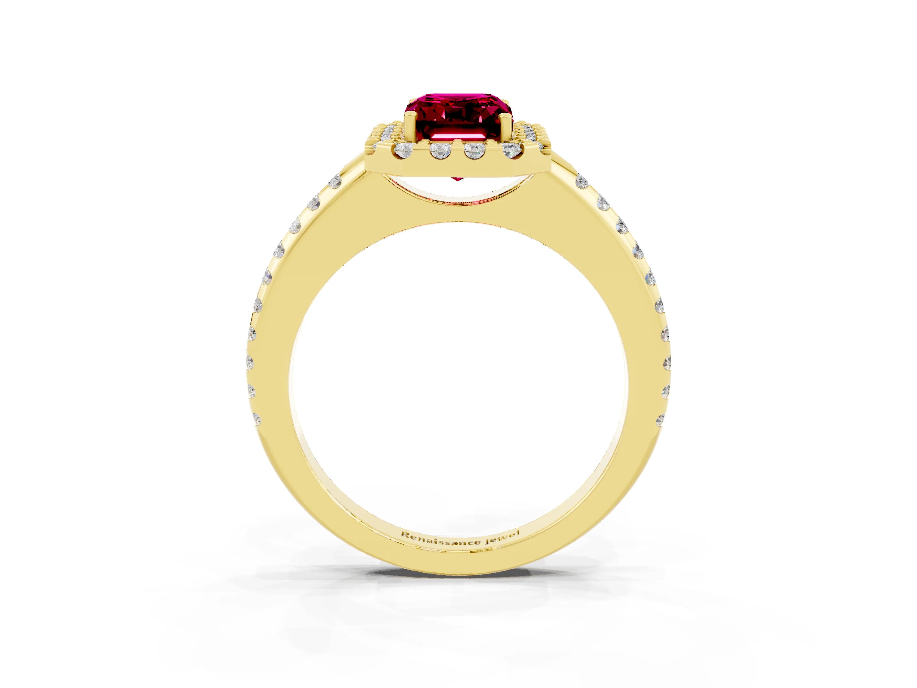 Yellow gold Emerald Cut Garnet Pavé Halo Ring with Four-Prong Setting_15
