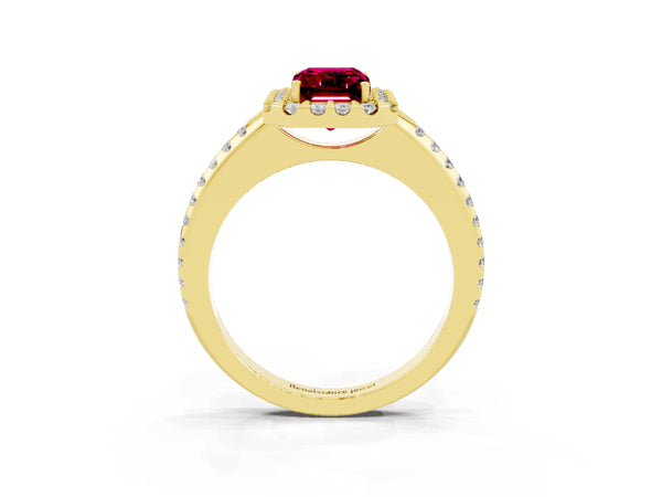 Yellow gold Emerald Cut Garnet Pavé Halo Ring with Four-Prong Setting