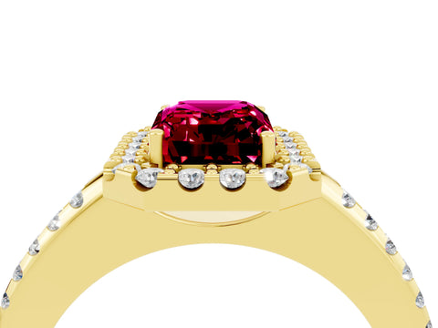 Yellow gold Emerald Cut Garnet Pavé Halo Ring with Four-Prong Setting_16