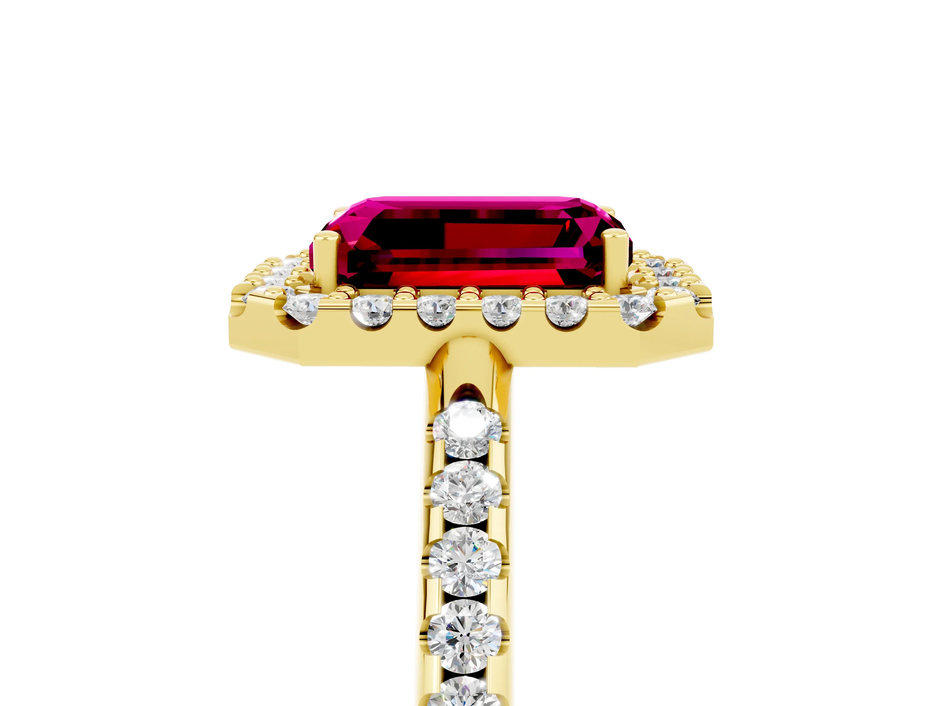 Yellow gold Emerald Cut Garnet Pavé Halo Ring with Four-Prong Setting_17