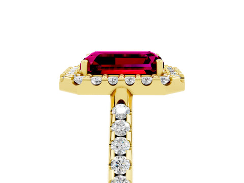 Yellow gold Emerald Cut Garnet Pavé Halo Ring with Four-Prong Setting_17