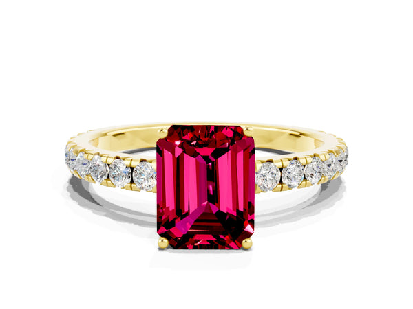 Yellow gold Emerald Cut Garnet Pavé Solitaire Engagement Ring with Four-Prong Setting