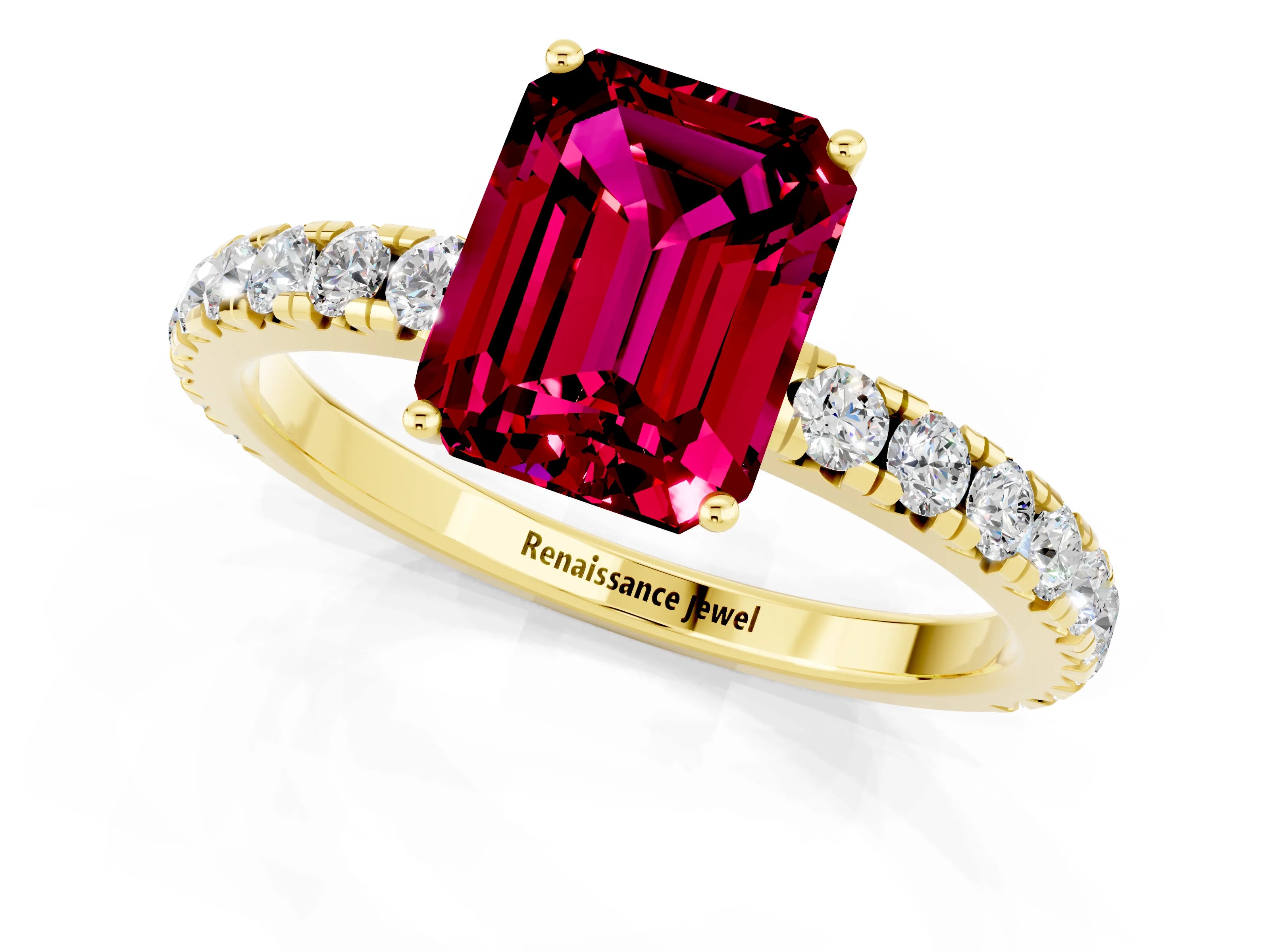 Yellow gold Emerald Cut Garnet Pavé Solitaire Engagement Ring with Four-Prong Setting_13