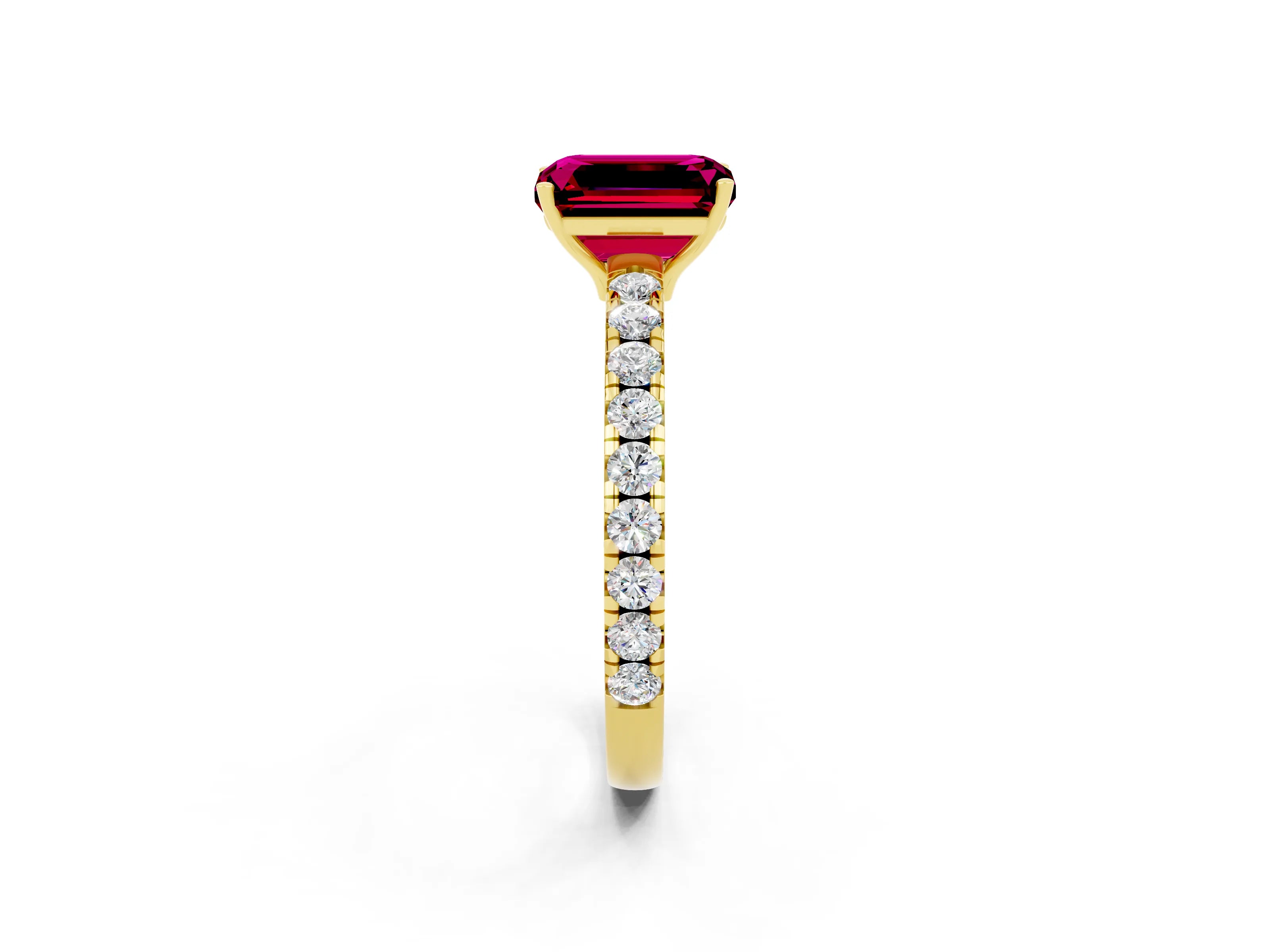 Yellow gold Emerald Cut Garnet Pavé Solitaire Engagement Ring with Four-Prong Setting_14