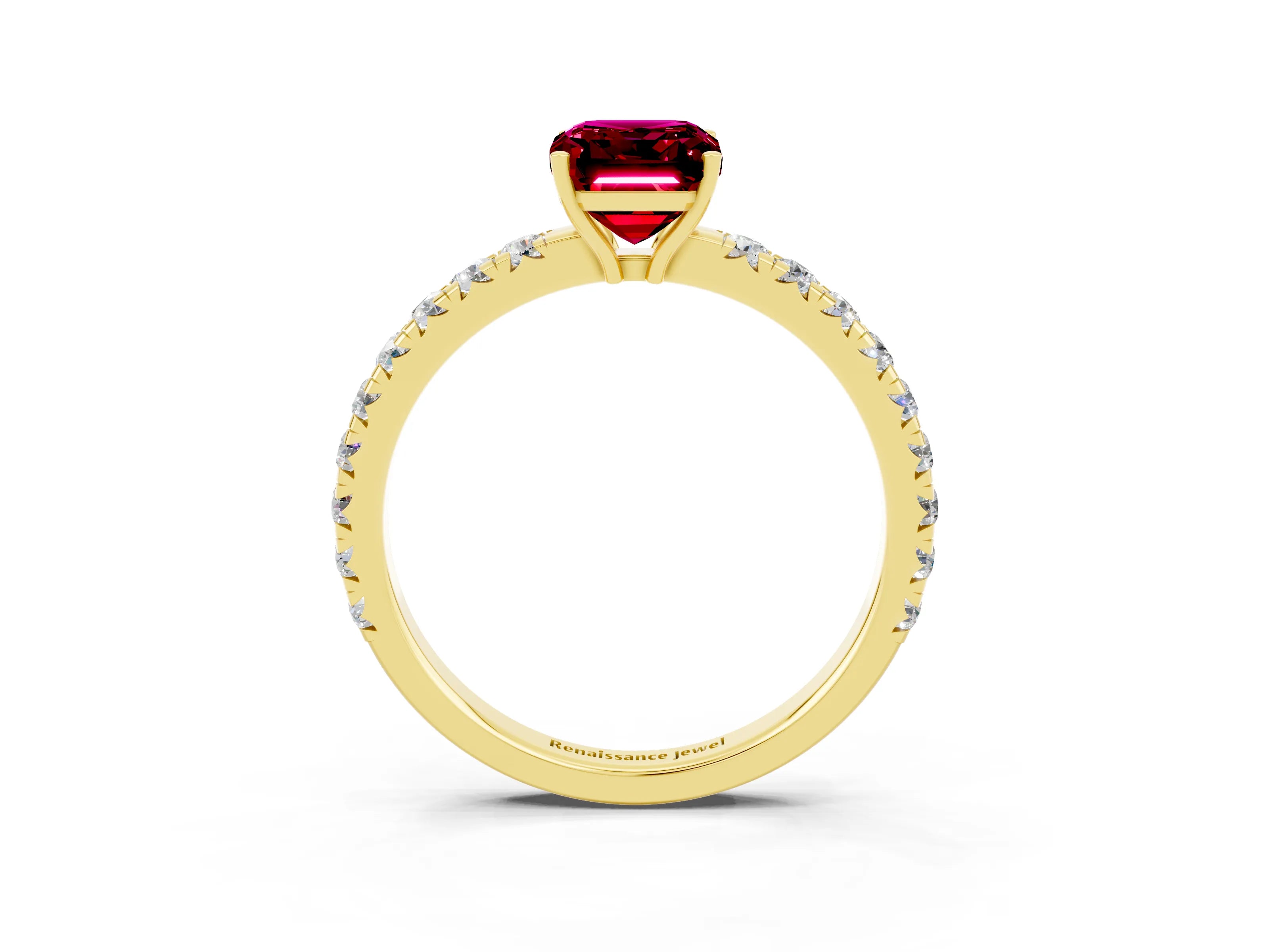 Yellow gold Emerald Cut Garnet Pavé Solitaire Engagement Ring with Four-Prong Setting_15