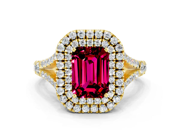 Yellow gold Emerald Cut Garnet Pavé Split Shank Double Halo Engagement Ring