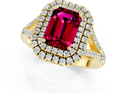 Yellow gold Emerald Cut Garnet Pavé Split Shank Double Halo Engagement Ring_1