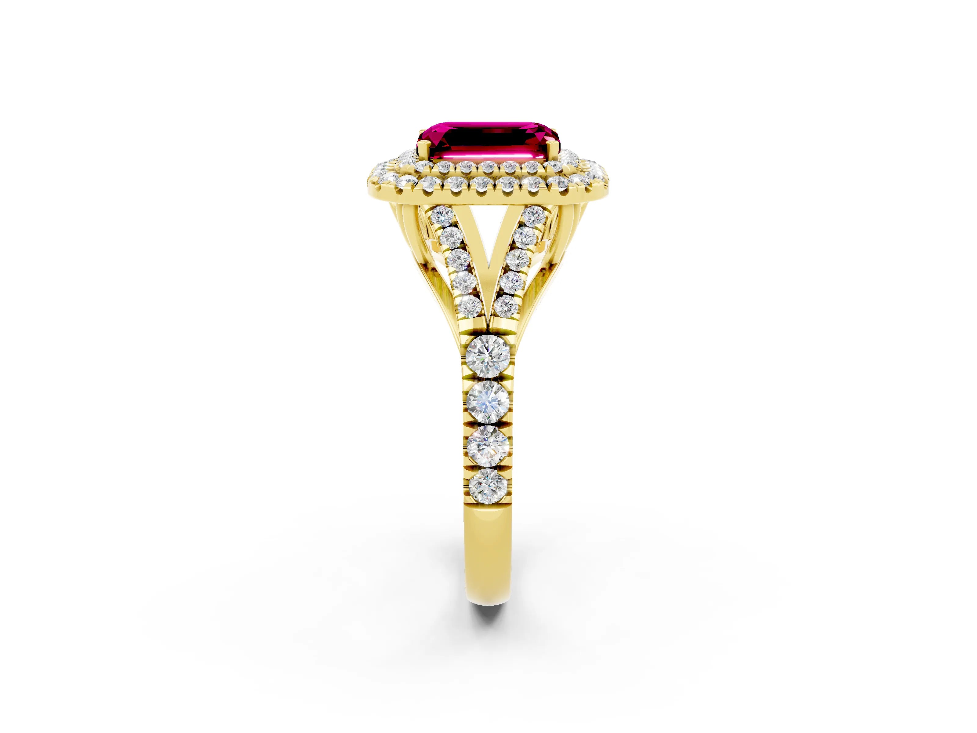 Yellow gold Emerald Cut Garnet Pavé Split Shank Double Halo Engagement Ring_2