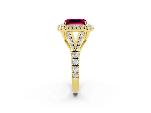 Yellow gold Emerald Cut Garnet Pavé Split Shank Double Halo Engagement Ring