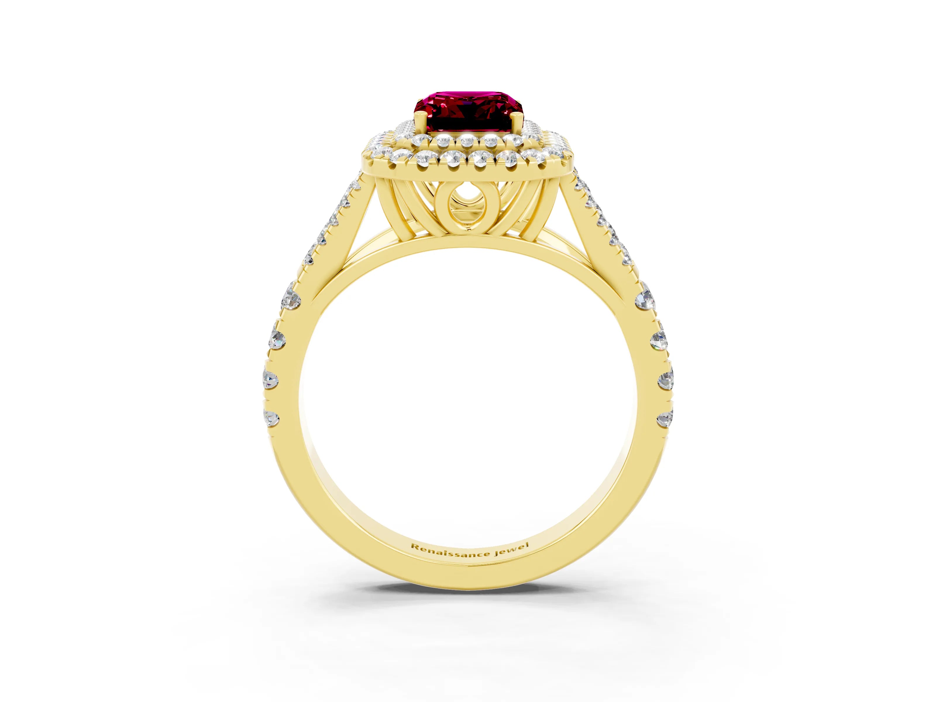 Yellow gold Emerald Cut Garnet Pavé Split Shank Double Halo Engagement Ring_3