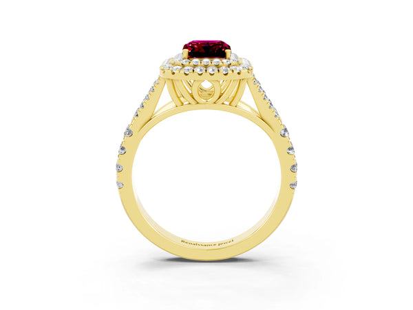 Yellow gold Emerald Cut Garnet Pavé Split Shank Double Halo Engagement Ring
