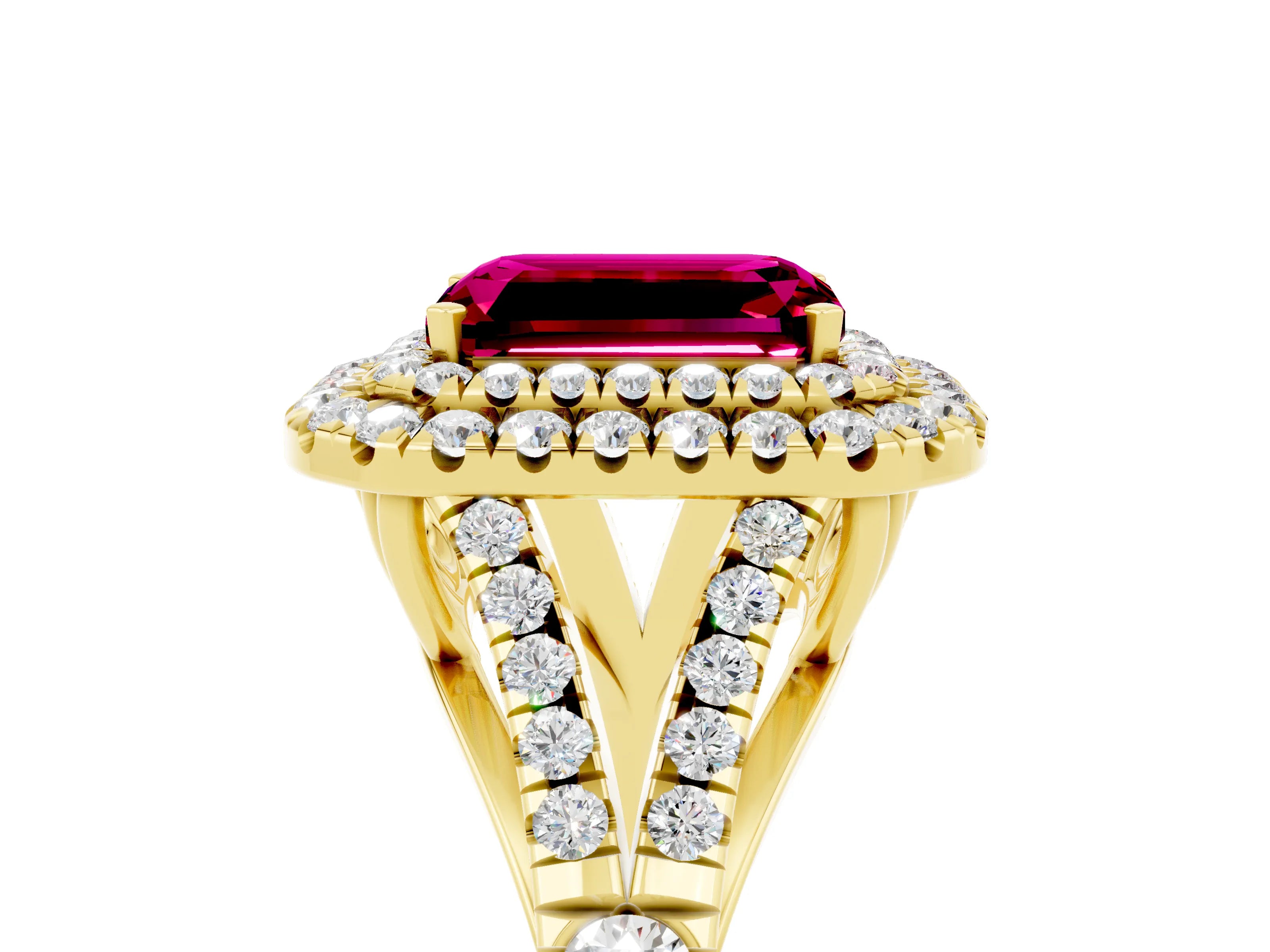 Yellow gold Emerald Cut Garnet Pavé Split Shank Double Halo Engagement Ring_5