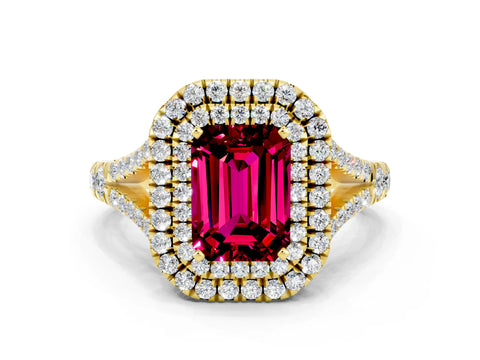Yellow gold Emerald Cut Garnet Pavé Split Shank Double Halo Engagement Ring