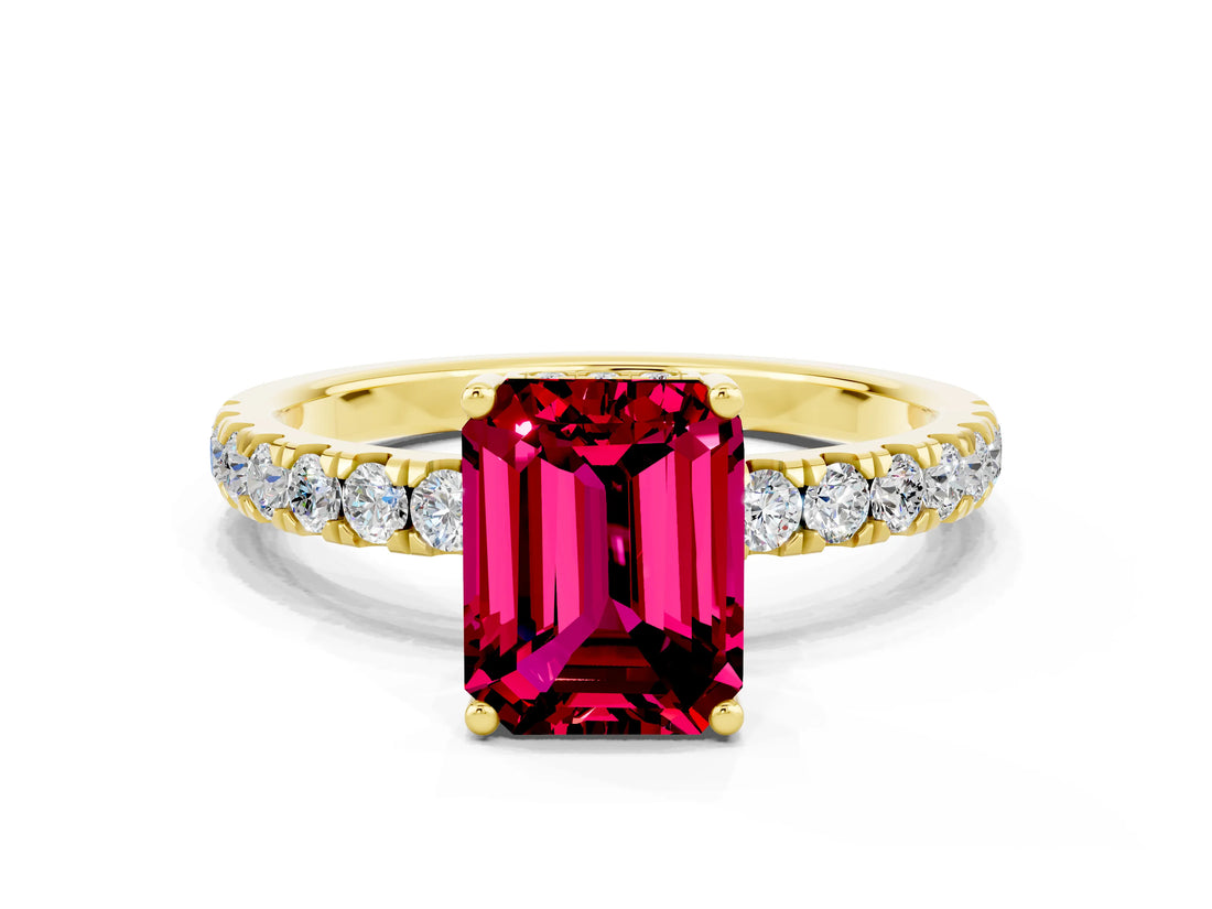 Yellow gold Emerald Cut Garnet Pave Band Solitaire Ring with Four-Prong Setting_24