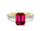 Yellow gold Emerald Cut Garnet Pave Band Solitaire Ring with Four-Prong Setting_24