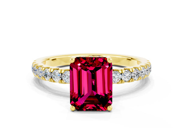 Yellow gold Emerald Cut Garnet Pave Band Solitaire Ring with Round  and Prong Setting